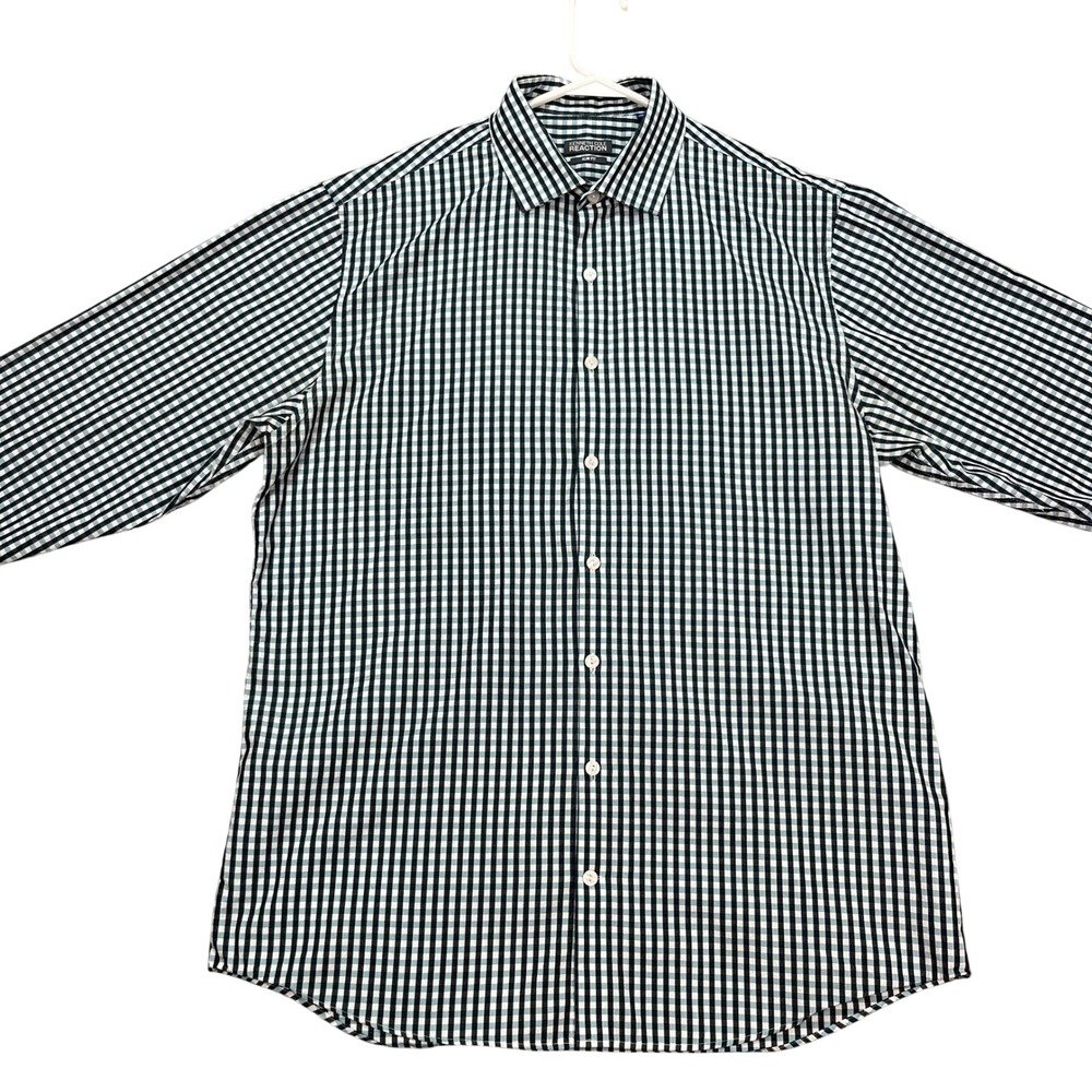 Kenneth Cole Reaction Mens Slim Fit Green White‎ Check Long Sleeve Shirt 16.5 34